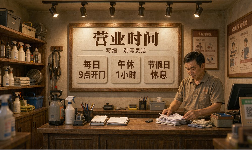 门店前台的营业时间牌:每日开门时间、午休、节假日休息