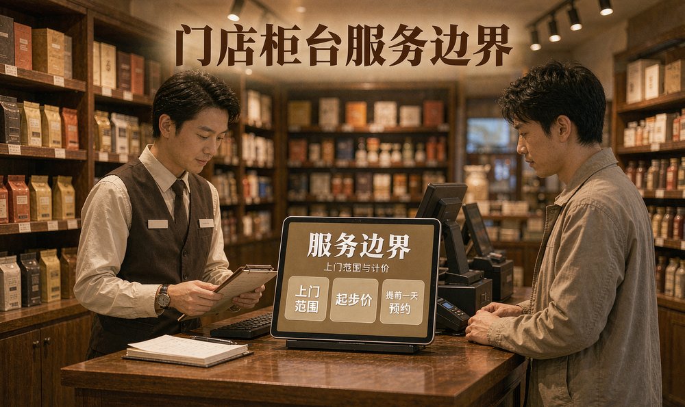 收银台上的服务边界信息卡:上门范围、起步价、预约规则