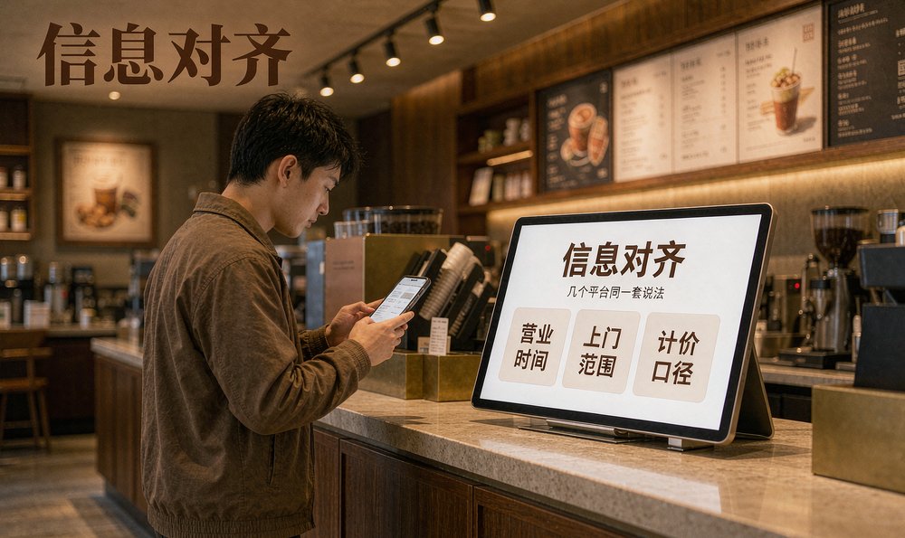 顾客在店里用手机查门店信息,柜台平板显示对齐后的口径