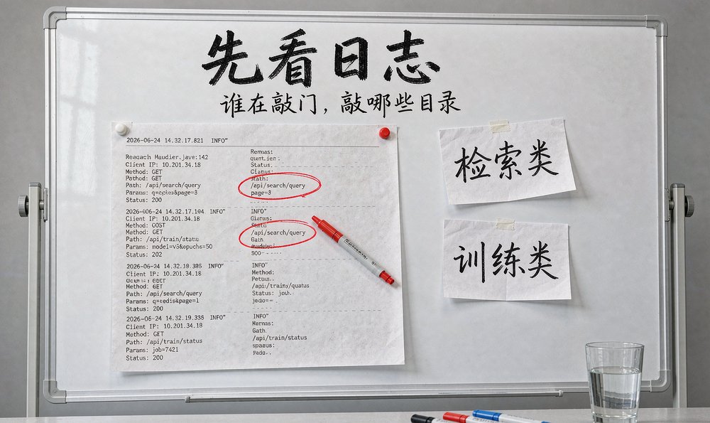 服务器抓取日志贴在白板上,圈出检索类与训练类爬虫