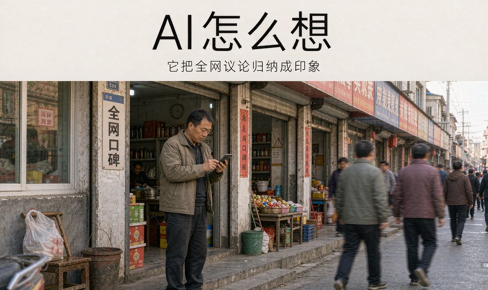 店主在门口看顾客留言,AI推荐来自全网口碑
