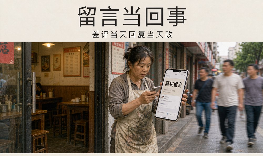 菜馆老板娘翻看真实留言,差评当天回复当天改