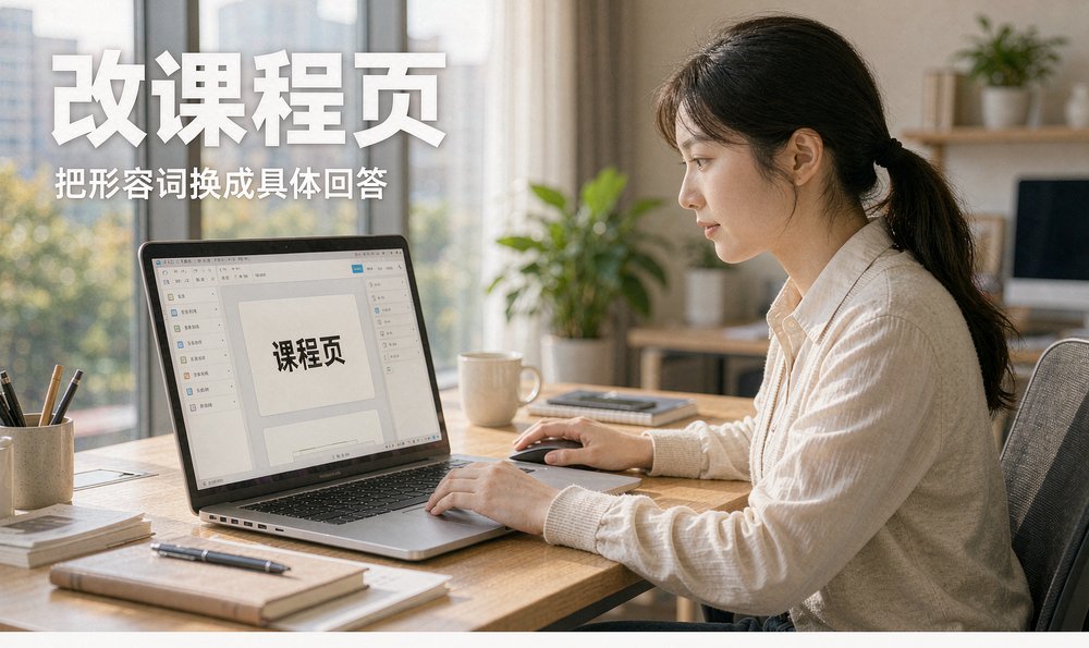 老师在电脑前改课程页,把形容词换成具体回答