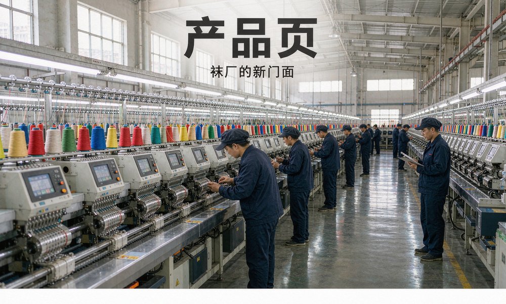 诸暨市的袜业制造产业带车间里，挡车工在织袜机间巡检，这样的产能细节正是产品页最该写实的地方