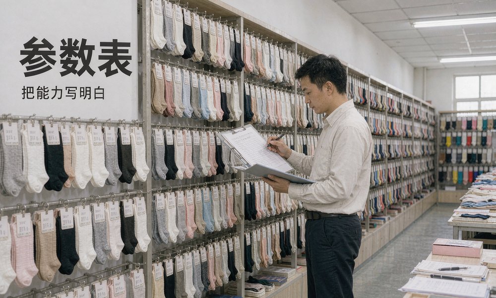 袜厂的样品间里，业务员按客户询单逐项核对袜子样品参数，把口头报价搬到了参数表上