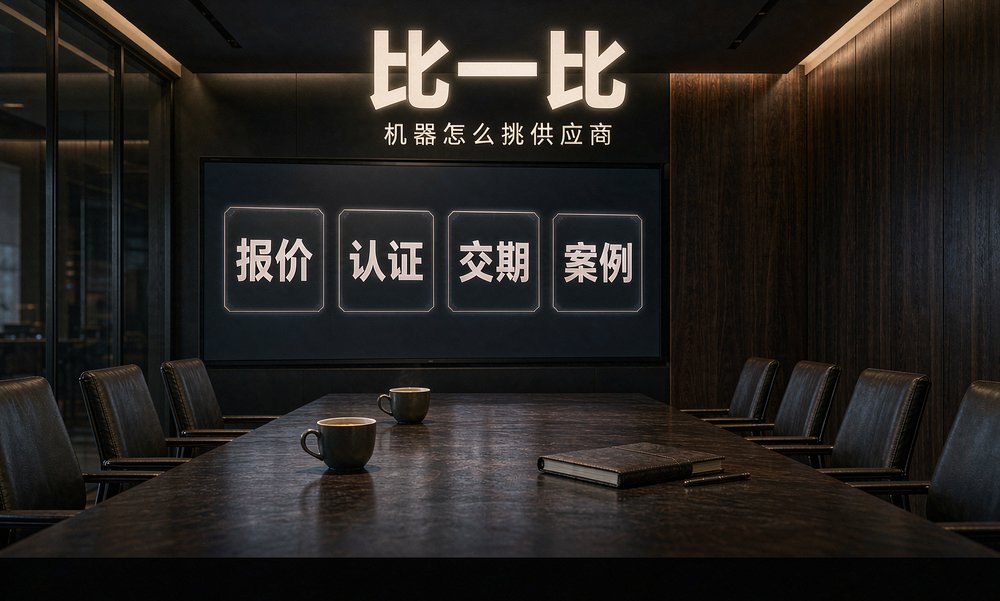 会议室大屏上摆着报价、认证、交期、案例四张卡片,智能体询盘前先按这几项比对资料