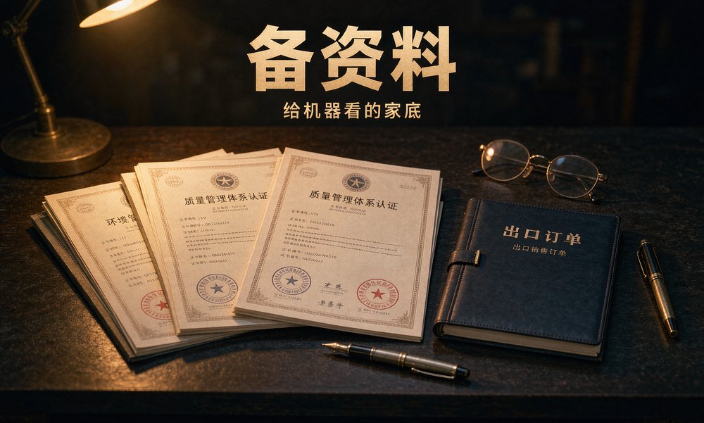 深色书桌上摊开认证证书与出口订单册,这些底料是英文站备料清单里最难替的实料