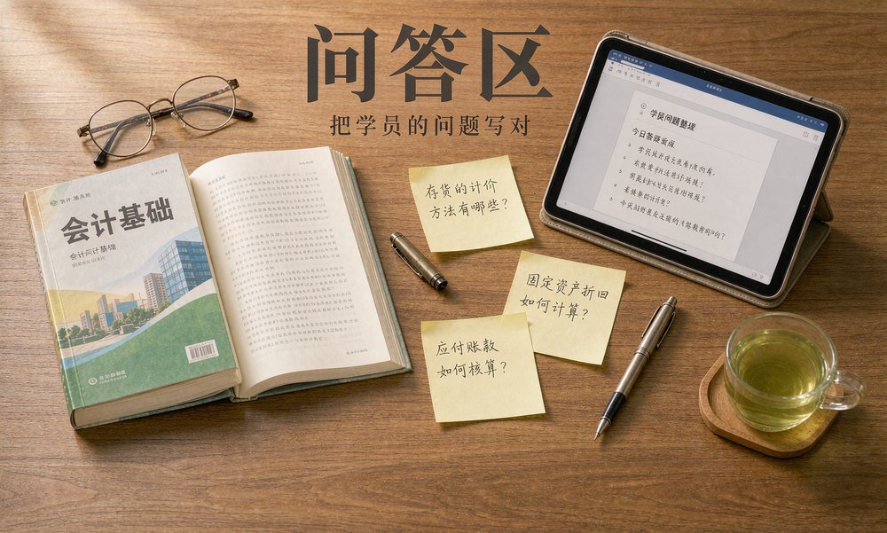 培训机构的书桌上摊着会计教材和平板里的学员问题整理,问答区该写的正是这些真问题