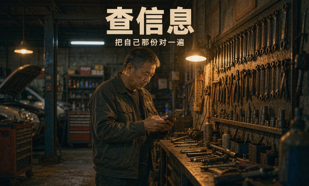 修理厂老板在车间灯下核对手里的门店信息,评价真实度和信息一致性是AI推荐时最看重的
