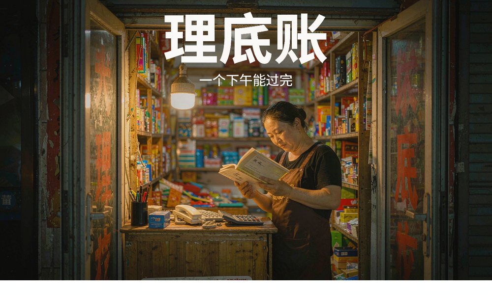 小店的老板娘在收银台灯下翻看登记台账,把店名、营业时间、服务项目一项项盘清楚