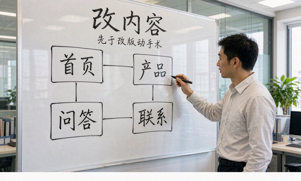 办公室的白板前,负责人把官网结构画成方框图,改内容这件事先于改版动手