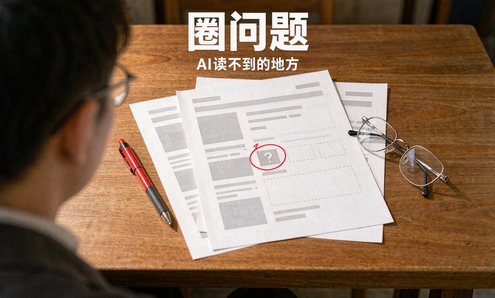 打印出来的网页版式稿被红笔圈出问号,AI读不到的内容就藏在这样的空框里