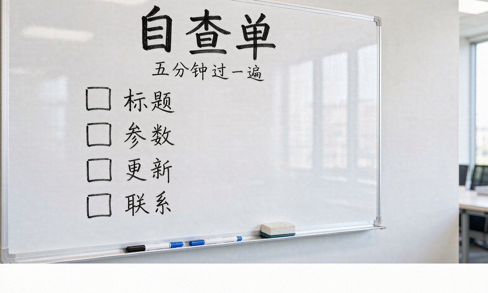 会议室白板上写着标题、参数、更新、联系四项自查清单,五分钟就能把官网过一遍