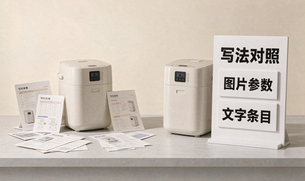 慈溪家电厂的资料员把图片参数改成文字条目，两款小家电的写法对照摆在一起