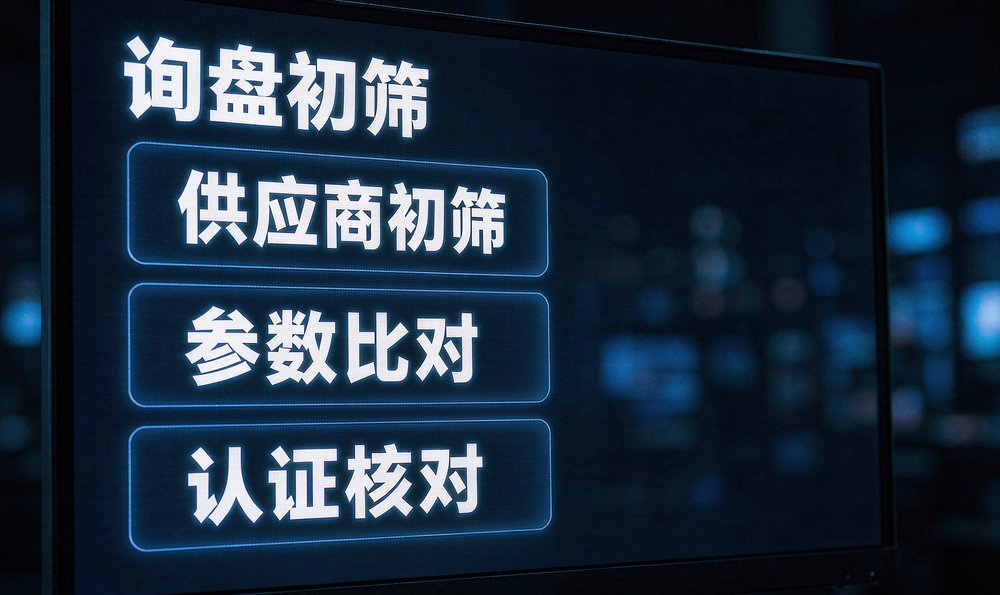 外贸业务员在屏幕上核对买家让 AI 初筛的供应商名单,参数比对与认证核对一目了然