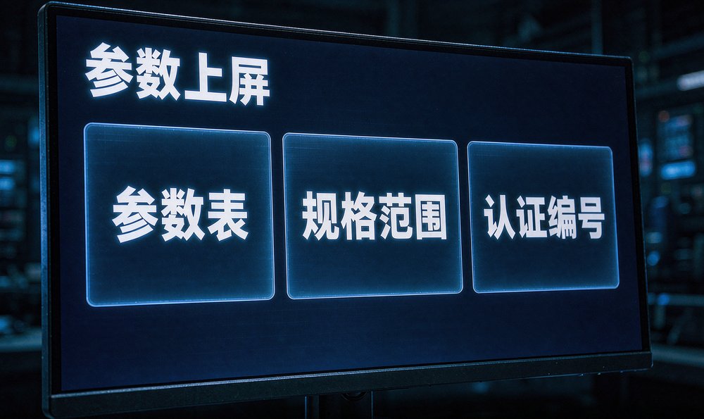 外贸厂把参数表搬上屏幕,规格范围与认证编号按机器读法重排