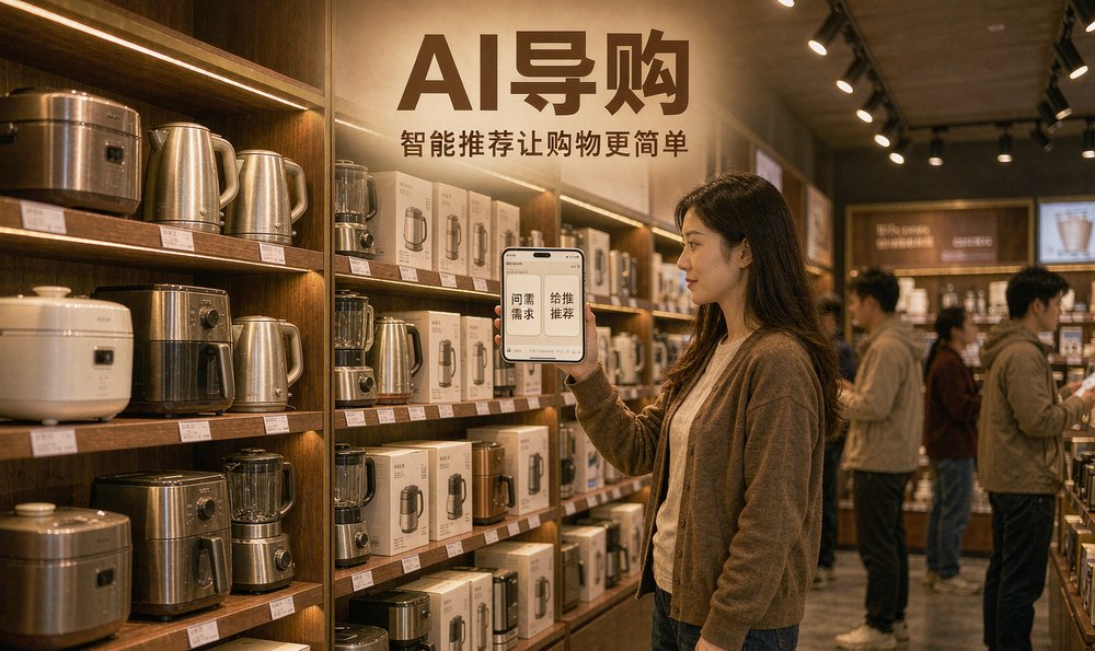 家居门店的顾客在货架前用 AI 导购问需求，智能推荐让购物更简单
