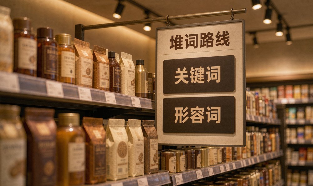 零售店主把关键词和形容词铺满价签，堆词路线的写法挂在货架前