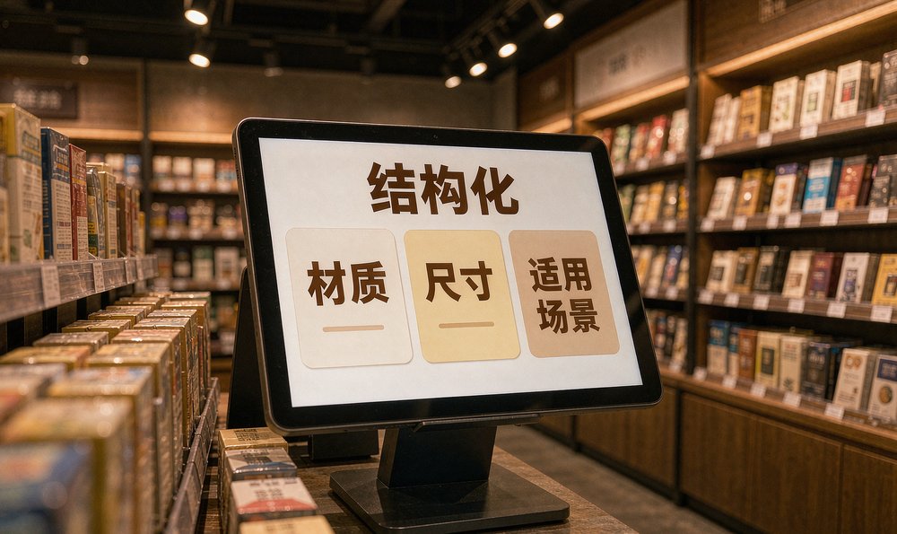 门店收银台的平板把材质、尺寸、适用场景列成结构化字段，供 AI 逐条读取