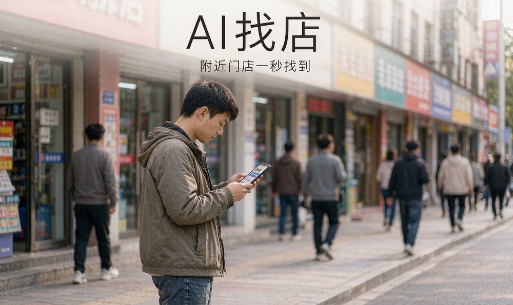 街边小店的顾客在人行道上用 AI 找店,附近门店一秒被翻出来
