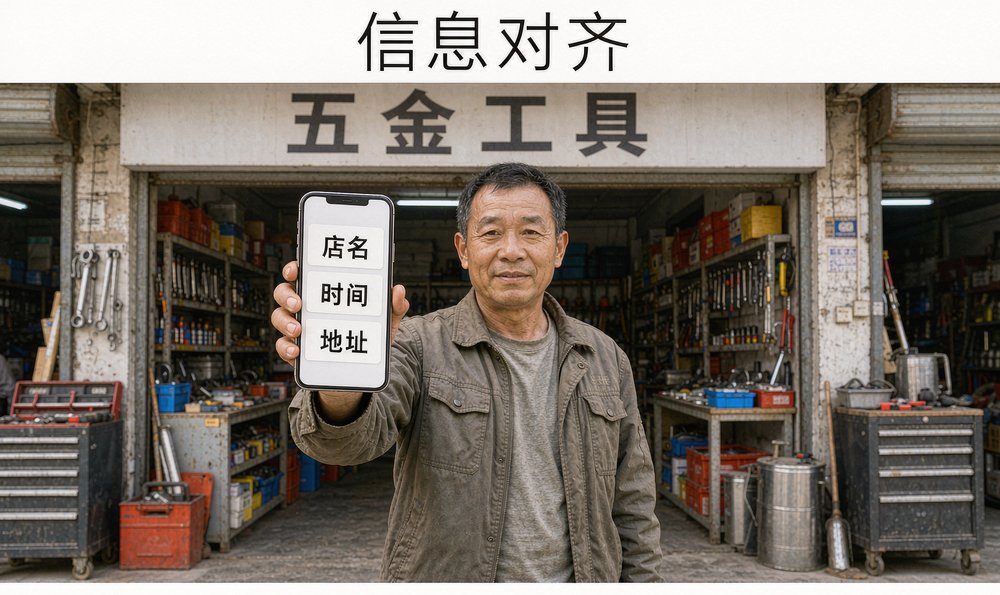 五金店店主举着手机核对店名、时间、地址三处线上登记信息