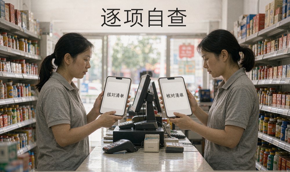 小店店员在柜台前按核对清单逐项自查,更新与补齐线下信息