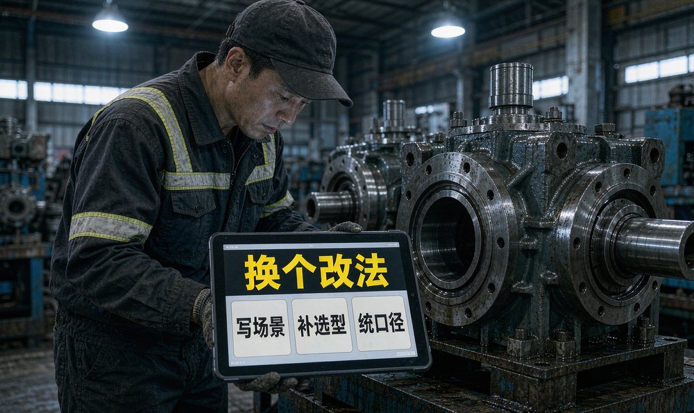 机械厂工人低头看工业平板，按写场景补选型统口径的新改法梳理产品资料