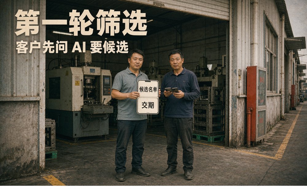 模具厂两位负责人站在车间门口,核对 AI 助手给出的候选名单与交期要求