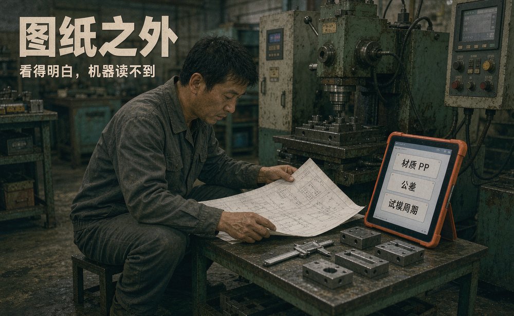 模具厂技术员在注塑机旁对照图纸与公差参数,把设备能力整理成 AI 能读的文字