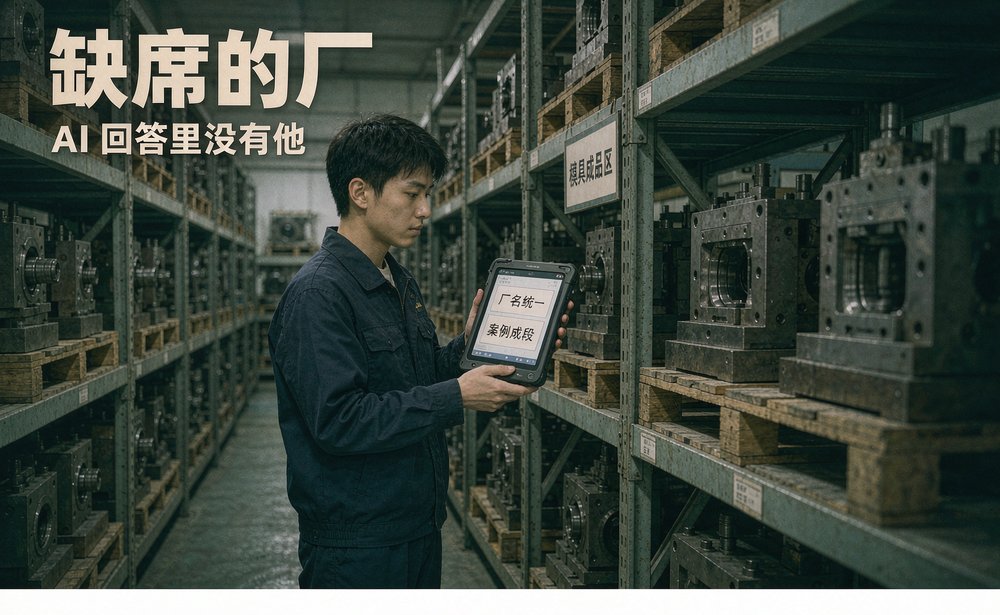 模具厂市场专员在余姚模具产业带的成品模具架前,用手持终端核对厂名写法与案例段落