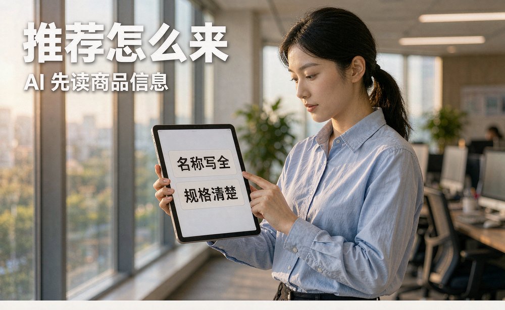 零售运营在办公室查看 AI 搜索推荐给出的商品结果,核对名称与规格写法