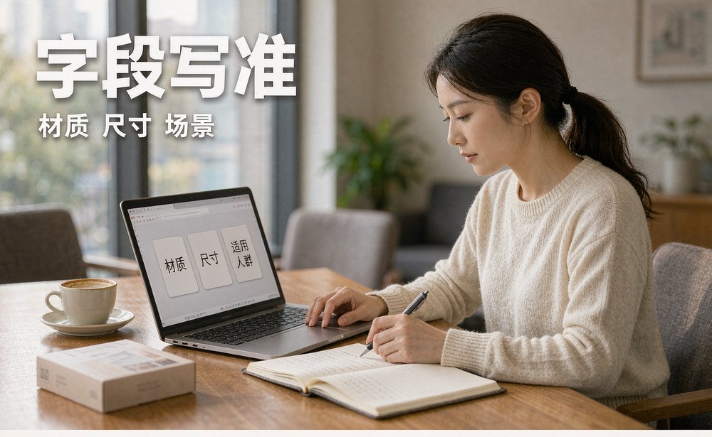 零售运营在洽谈室把商品材质、尺寸、适用人群逐项核对成结构化字段