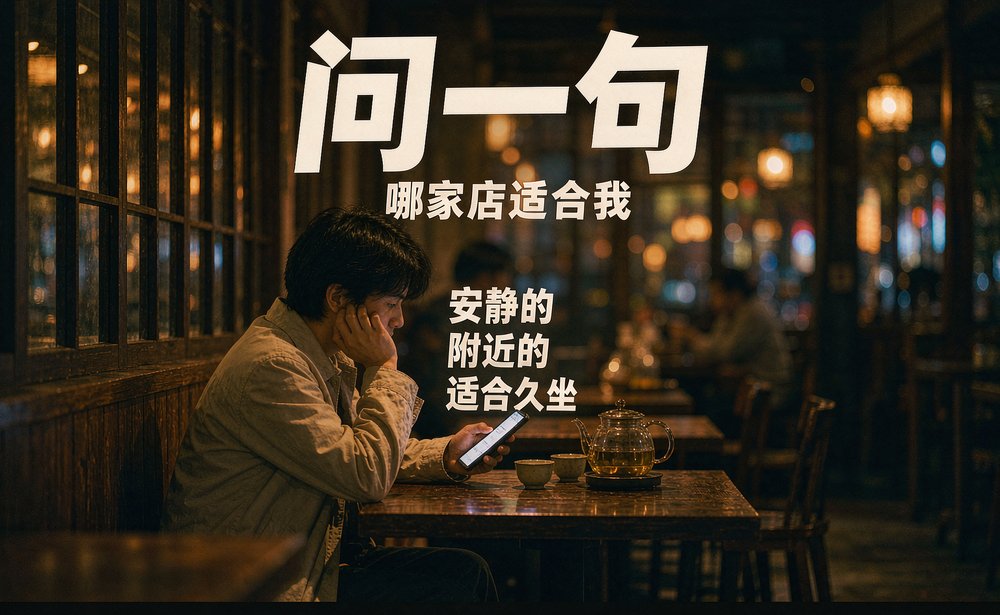 顾客夜里在茶馆用手机问 AI,附近有没有安静、适合久坐的店