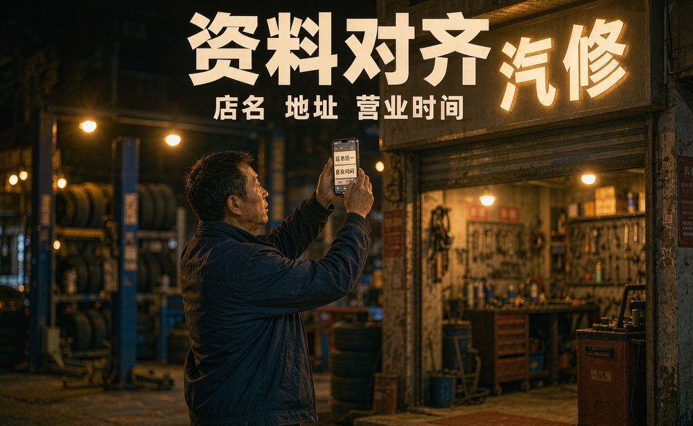 汽修店店主夜里在门口核对门头招牌与营业时间,把基础资料改成一致写法