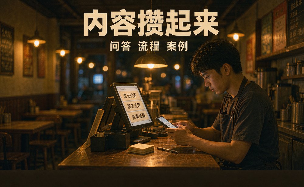 小餐饮店店主在收银台边记录常见问答与服务流程,攒能被引用的内容