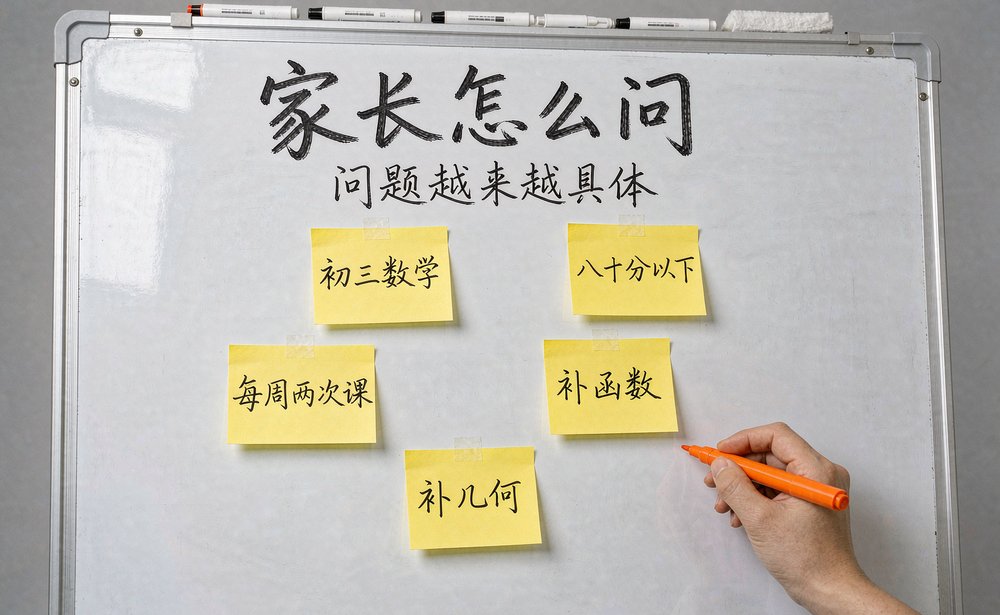 机构老师把家长的真实问法贴在白板上,逐条核对课程条件