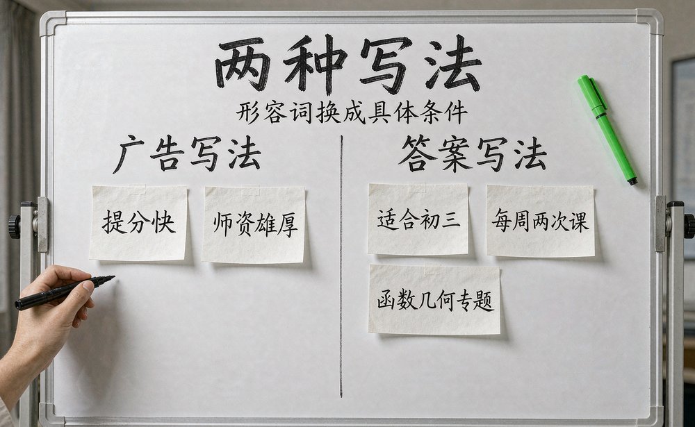 机构教研在白板上把广告写法与答案写法逐栏对照改写