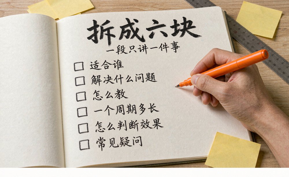 机构运营在素描本上把课程信息拆成六块字段,一段只讲一件事