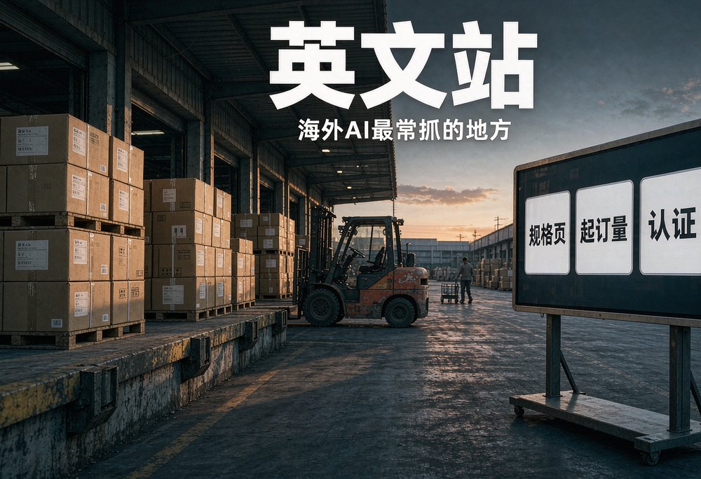 跨境物流仓的工人傍晚在月台整理外贸纸箱,英文站的规格页和认证信息,是海外AI最常抓的地方