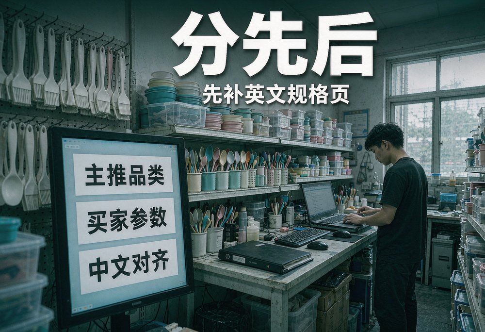 义乌小商品产业带的业务员在档口里核对主推品类的英文规格页,把买家会问的参数一条条补齐