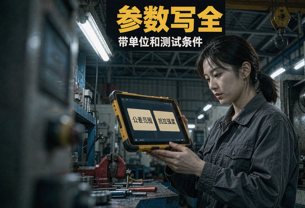 机械加工车间的师傅在机床旁用工业平板核对参数表,把公差范围和抗拉强度的测试条件写全