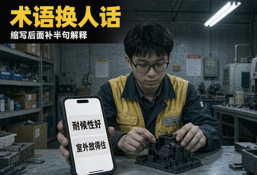注塑车间的技术员对照注塑样件看手机里的产品说明,术语后面补上半句人话解释