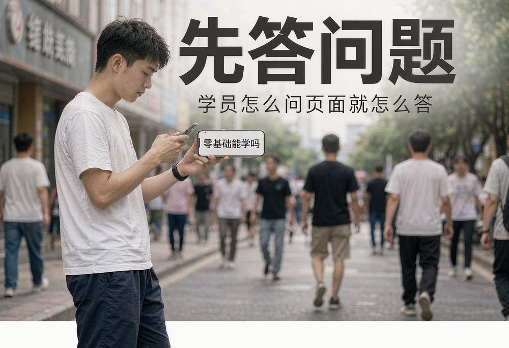 学员站在培训学校门口用手机问AI零基础能不能学,这类提问就是页面该答的题