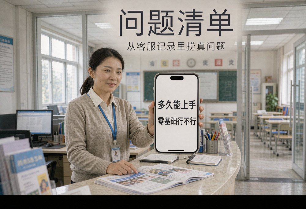 培训机构的前台工作人员拿着手机整理学员常问的问题清单，从客服记录里捞真问题