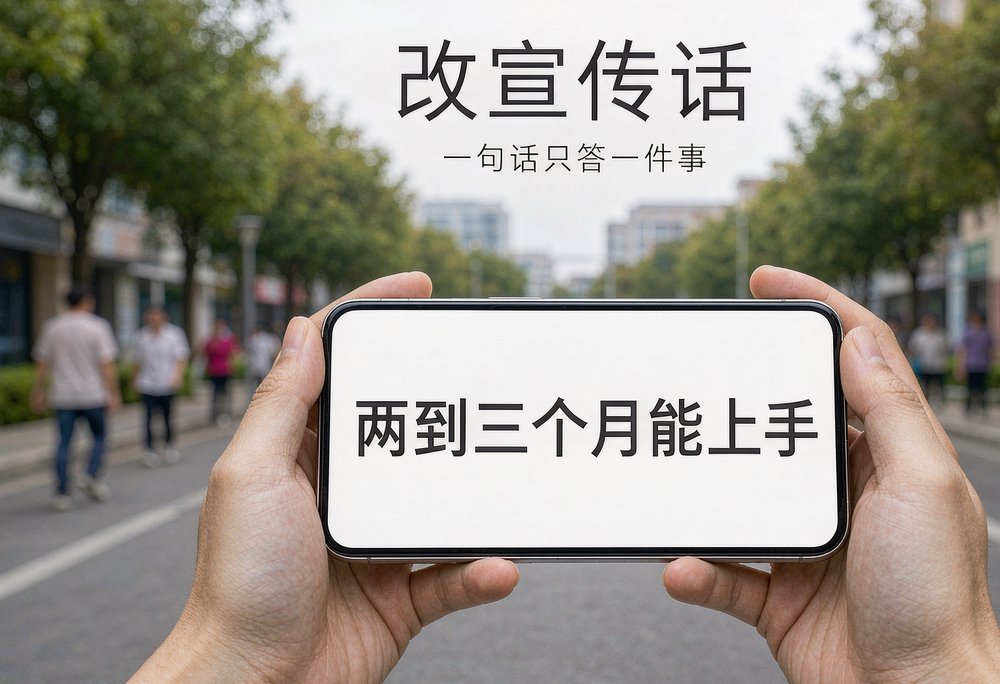 园区街道上一名学员边走边看手机里课程页给出的上手时间答案,一句话只答一件事