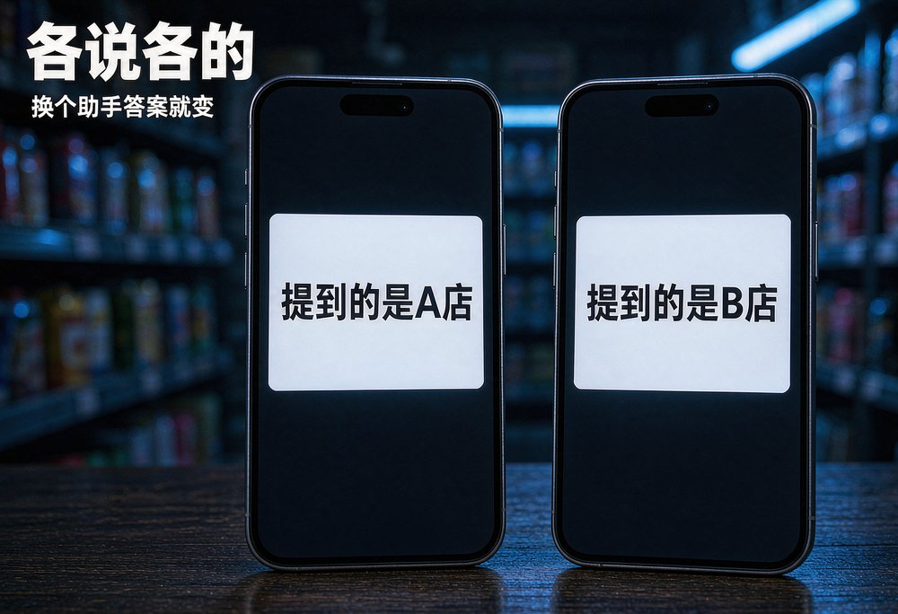 两部手机对同一个购物问题给出不同的推荐店铺,零售店别只押一个AI入口