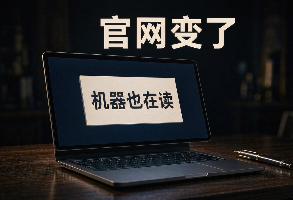 深色桌面上的笔记本屏幕显示着官网页面,机器也在读这些写清楚的内容