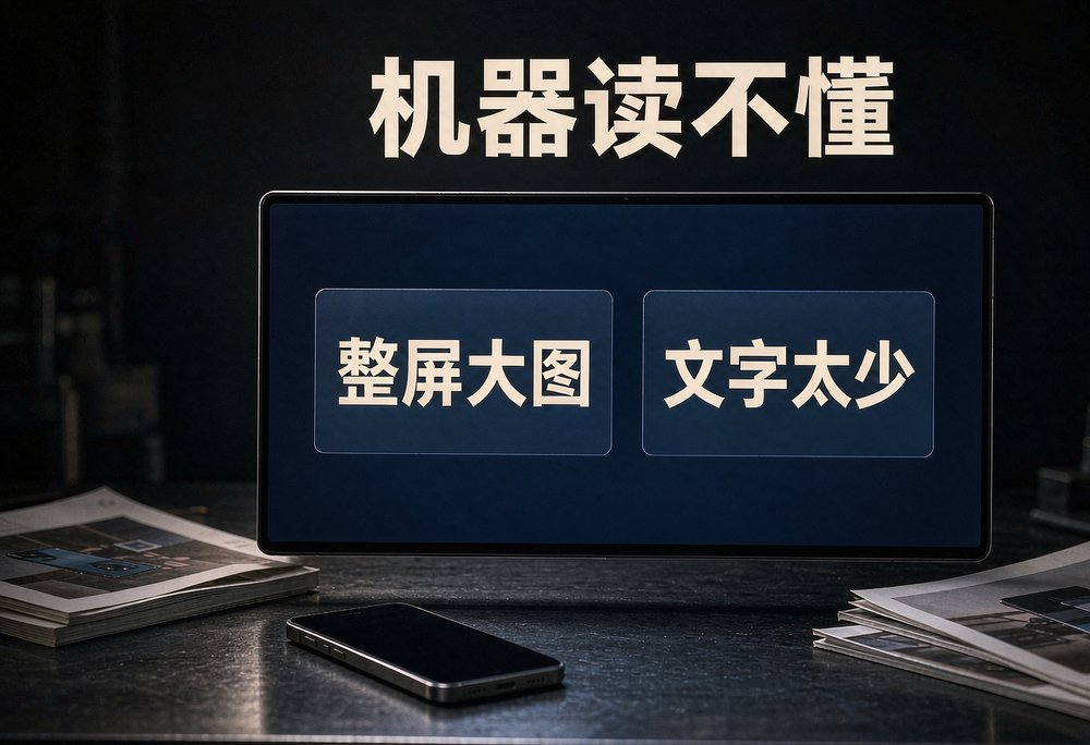 桌上的画册和整屏大图页面,机器爬到这儿抓不到多少有效文字