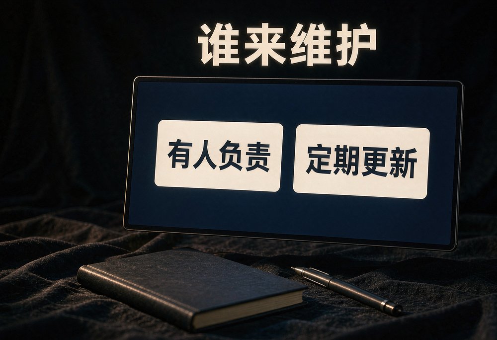 深色布面上的屏幕提示改版后的更新安排,官网改完得有人定期维护