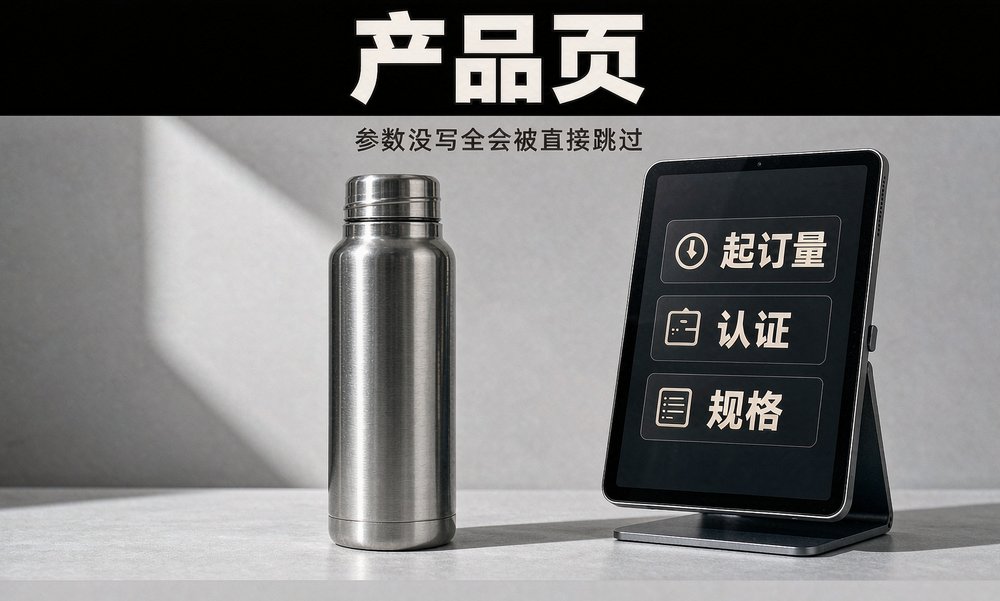 永康五金带一家保温杯厂在棚灯下重拍产品图,起订量、认证、规格三张参数卡片摆在旁边(示意)